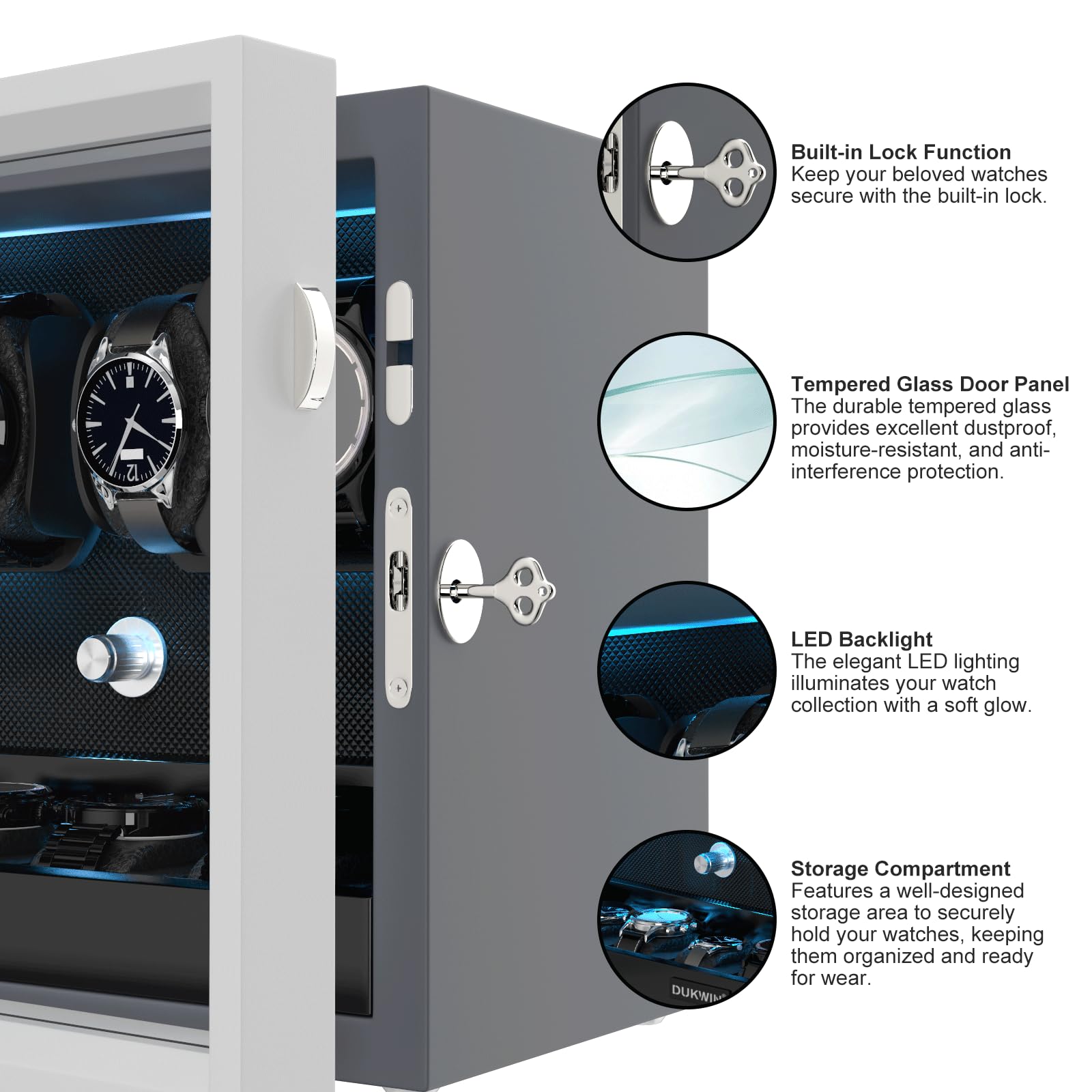 DUKWIN Watch Winder for 4/6/8/12 Automatic Watches, Lockable Automatic Winders with Extra 4/6 Watch Spaces, 4 Rotation Modes, Flexible Pillows, Quiet Motor and Blue Backlight