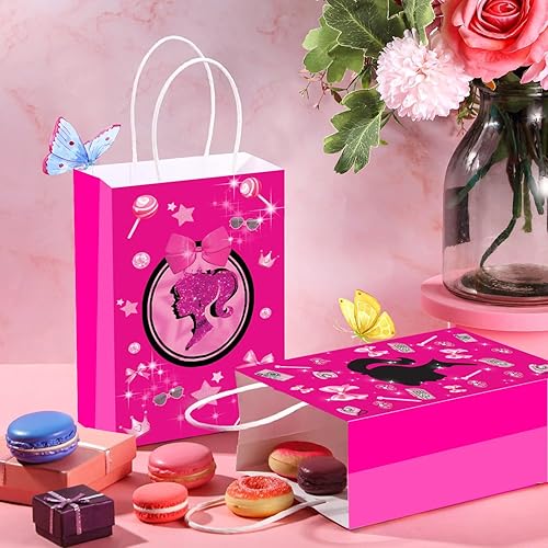 Miniatura 2 de Bolsas de fiesta rosas para niñas, bolsas de regalo de princesa, dulces, golosinas, bolsas de recuerdos de fiesta rosa intenso con asas para niñas,