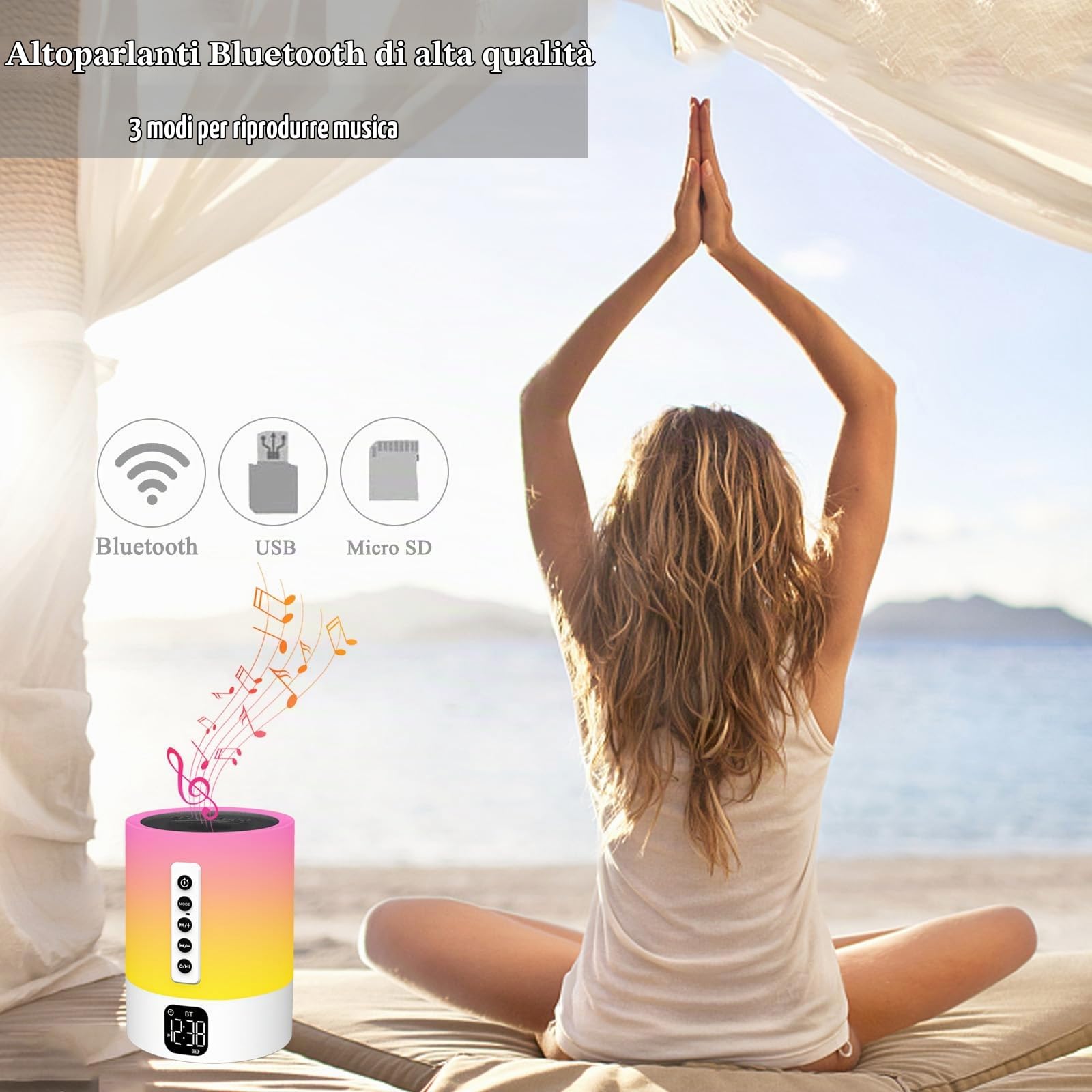 Biseoamz Altoparlante Bluetooth Multifunzione 5 in 1 con Luce, Sveglia Bambini, Macchina Rumore Bianco, Lampada da Comodino, Regalo per Ragazza Ragazzo Bambina, Regalo Donna, Idee Regalo Compleanno