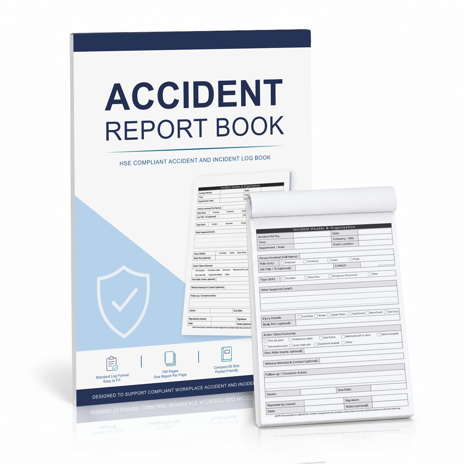 Accident Report Book HSE Compliant A5, 100 Pages, GDPR RIDDOR Log