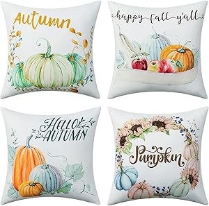 Dreamcountry Fall Pillow Covers 18x18 Inches Set of 4 Fall Decor Throw Pillow Covers Cotton Linen Pumpkins Decorative Pillow Covers for Thanksgiving Autumn Farmhouse Outdoor and Room Decorative