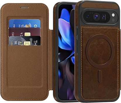 Magnetic Case for Google Pixel 10 Pro/10 Pro XL/10, Slim Retro Business Leather Flip Wallet Cover with Card Slots Kickstand Case,Brown,10 Pro