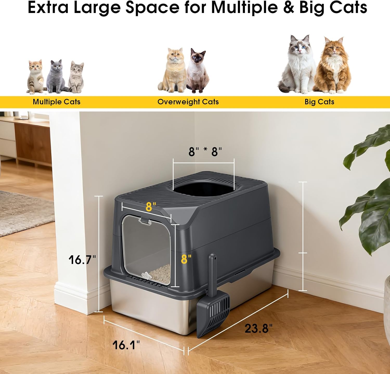 Large Stainless Steel Cat Litter Box with Lid - Odor-Resistant & Enclosed Design, Anti-Leakage & Non-Sticky Surface for Easy Cleaning (Gray)