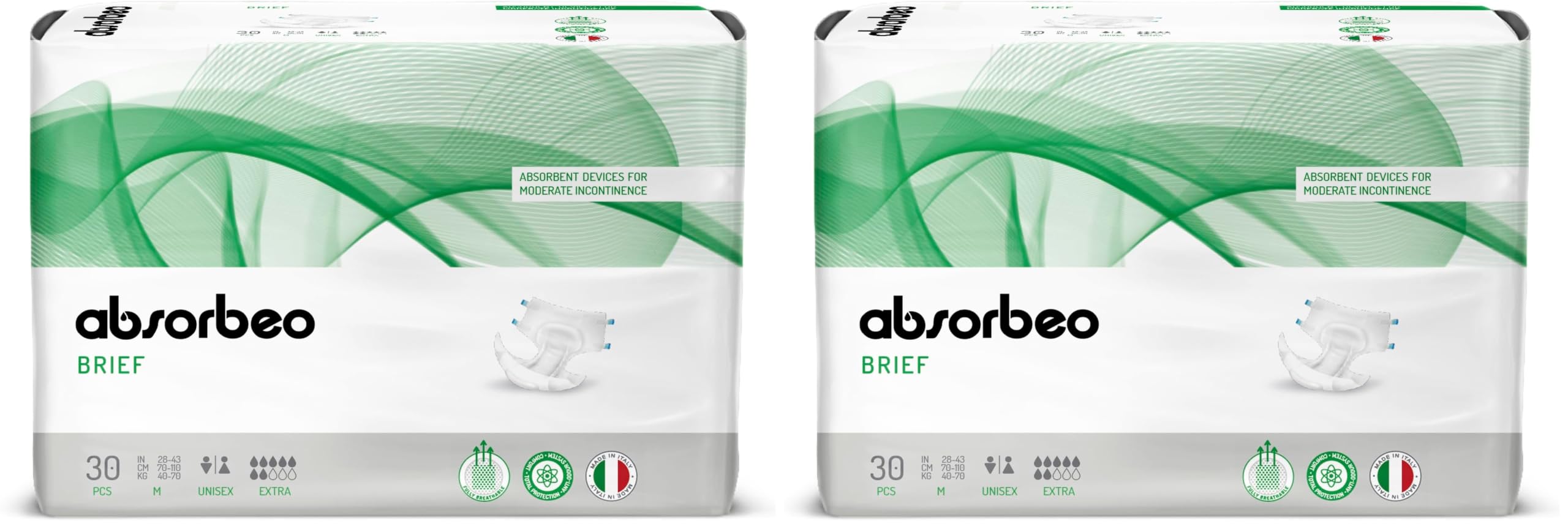Absorbeo Windel EXTRA 30 Stück, Saugfähiges Hilfsmittel für Mittlere Blasenschwäche, Absoluter Komfort, Totaler Schutz, Anti-Odour-System, Vollständig Atmungsaktiv, Unisex, Größe M (Packung mit 2)