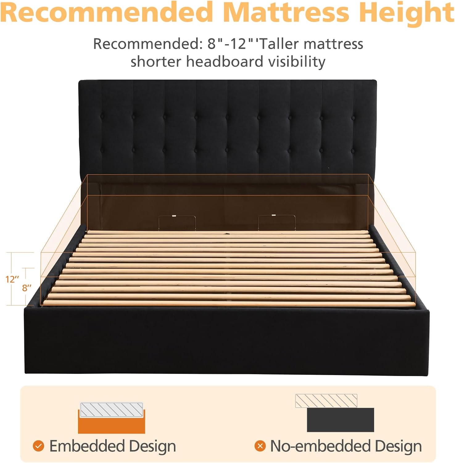 VELOCAVA Queen Size Black Lift-Up Storage Bed, Linen-Textured Upholstered Platform Frame with Ample Hydraulic Storage, Modern Button-Tufted Headboard, Sturdy Slats, No Box Spring Needed