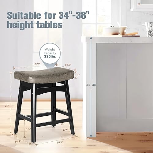 Miniatura 2 de Juego de 2 taburetes de bar de madera maciza gris para taburetes de bar de altura de encimera de cocina con asiento de silla de montar de piel