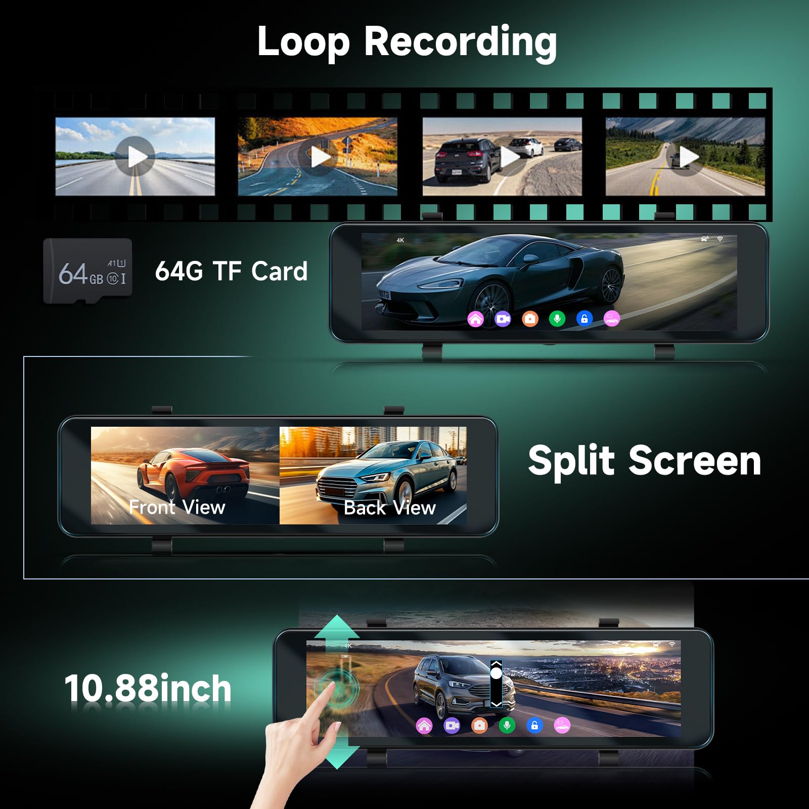 Hodozzy Dashcam Espejo Retrovisor 4K Frontal y 1080P Trasera, GPS ADAS BSD WiFi y App, Pantalla Táctil 10,88 Pulgadas Cámara Coche con Modo Aparcamiento, Sensor G, Loop, Visión Nocturna, Tarjeta 64GB