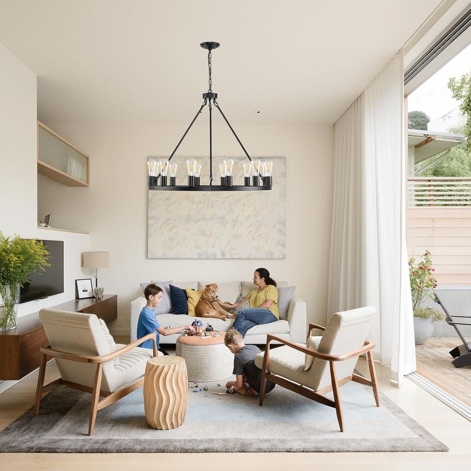 12 Lights Wagon Wheel Chandelier,31.5 inch Black Round Rustic Industrial Vintage Farmhouse Chandeliers for Outdoor Porch High Ceilings Living Dining Room Foyer Entryway