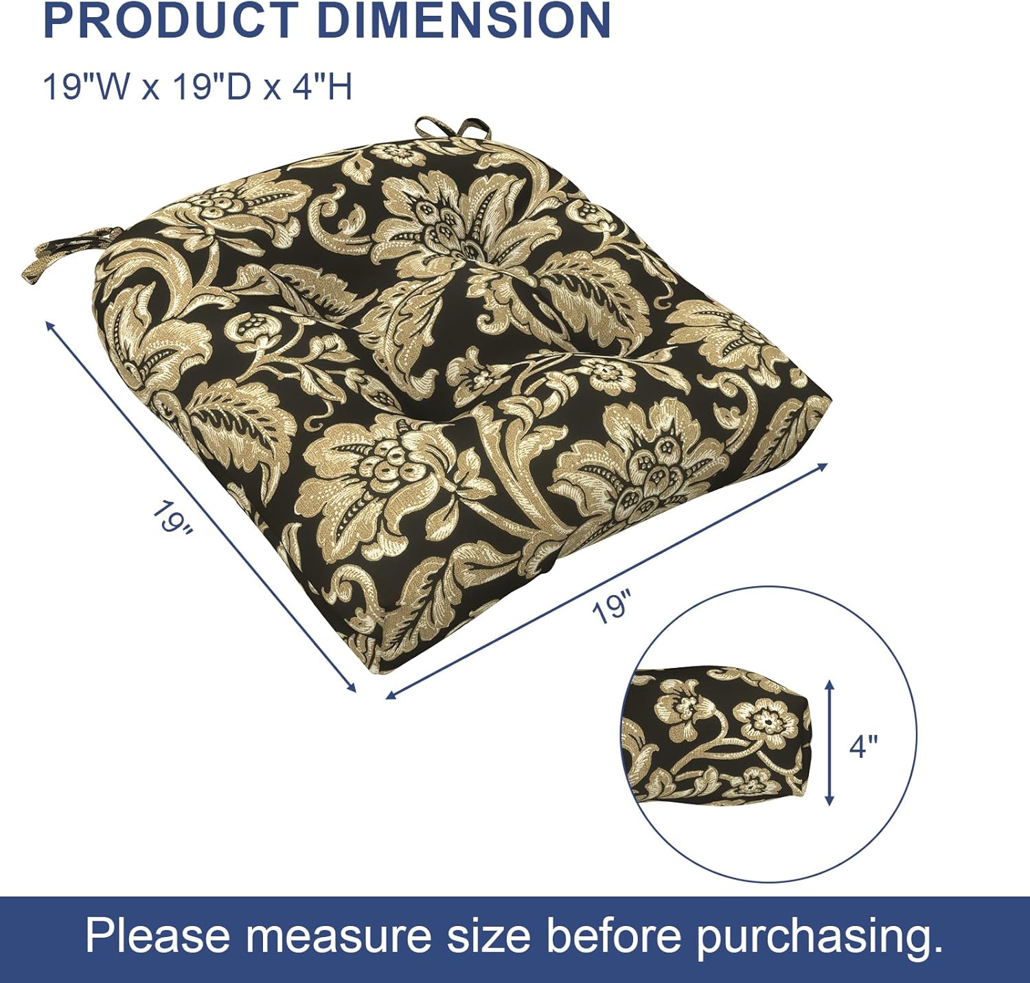 Outdoor Patio Wicker Chair Cushions Pack of 2, All Weather Tufted Chair Pads, 19 x 19 x 4 Inch U-Shaped Seat Cushions of Garden Furniture Decoration, Jacobean Black