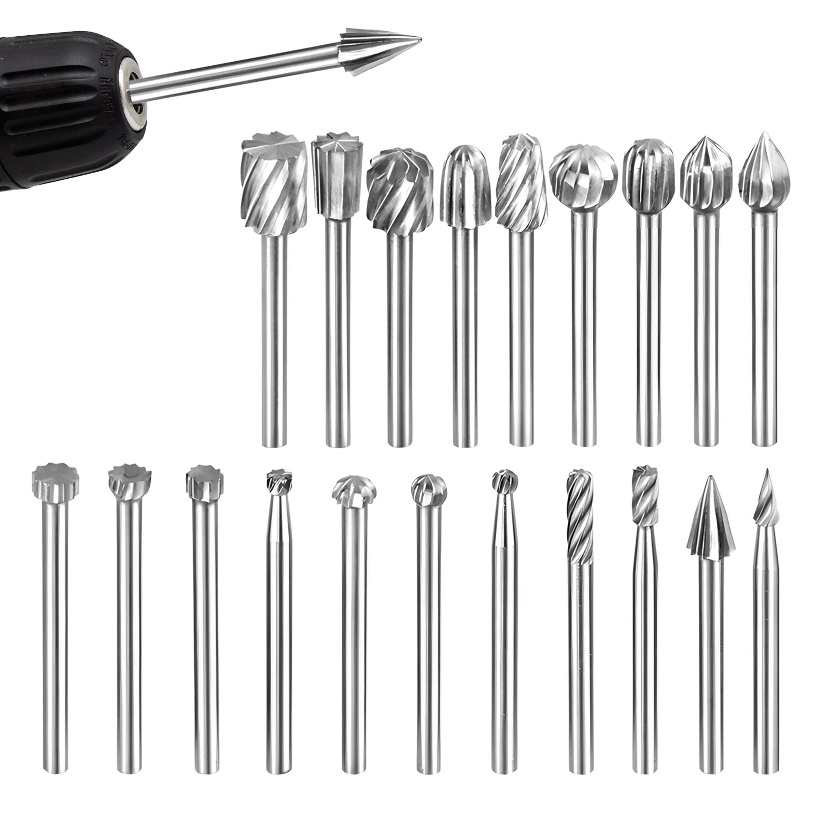 Wood Carving Bits Set for Dremel, 20pcs High-Speed Steel Rotary Burrs Set for Dremel, Carving Bits with 3mm(1/8”) Shank, Rotary Tool Accessories for Woodworking Engraving Drilling Grooving DIY Project