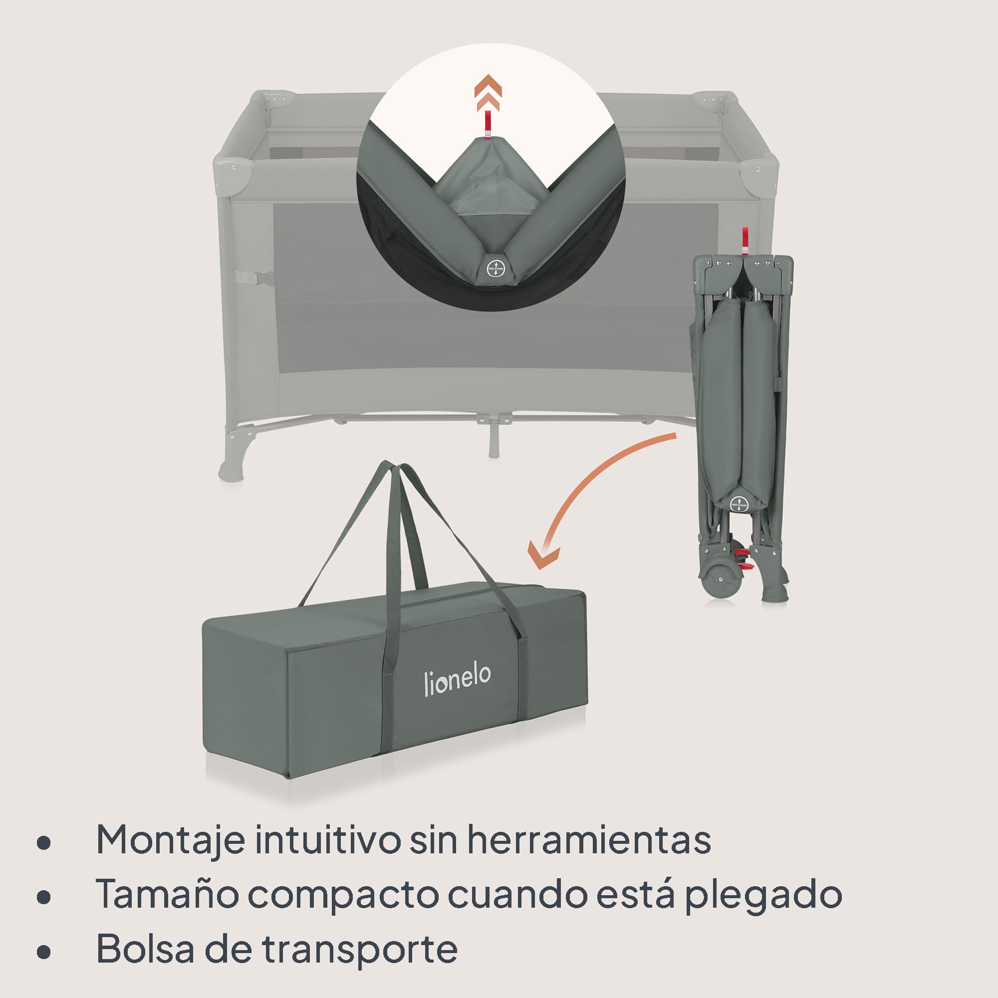 LIONELO ELLEN Cuna de viaje 3 en 1 de 0 a 3 años, Cuna Colecho para Recién Nacidos y Mayores hasta 15 kg, 2 Alturas de Colchón, Correas de Amarre, Entrada Lateral con Cremallera, 2 Ruedas Bolsa