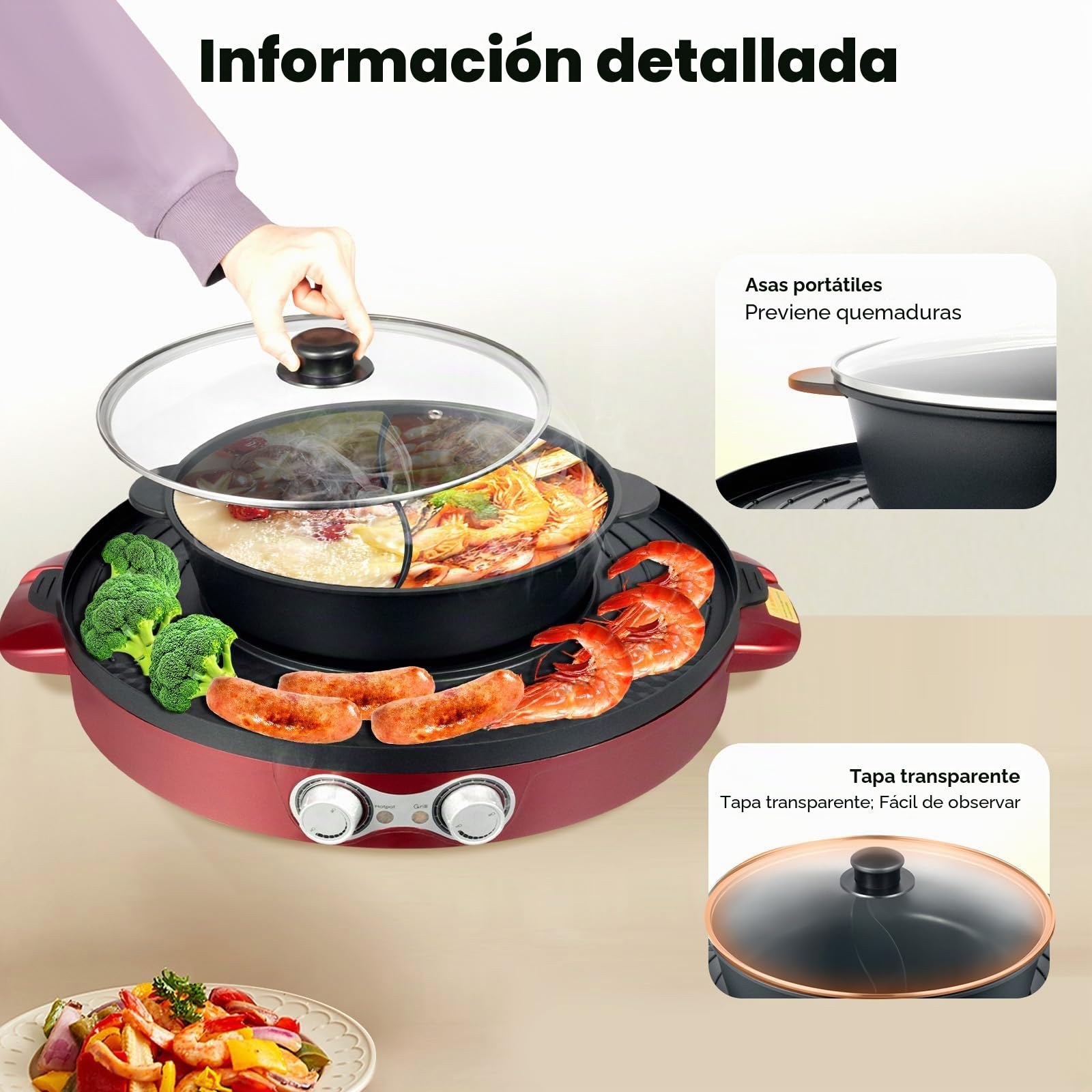 Cacerola eléctrica de 2200 W, multifunción, 2 lados, antiadherente, barbacoa de mesa, sartén dividida 2 en 1, para 2 a 8 personas, color rojo