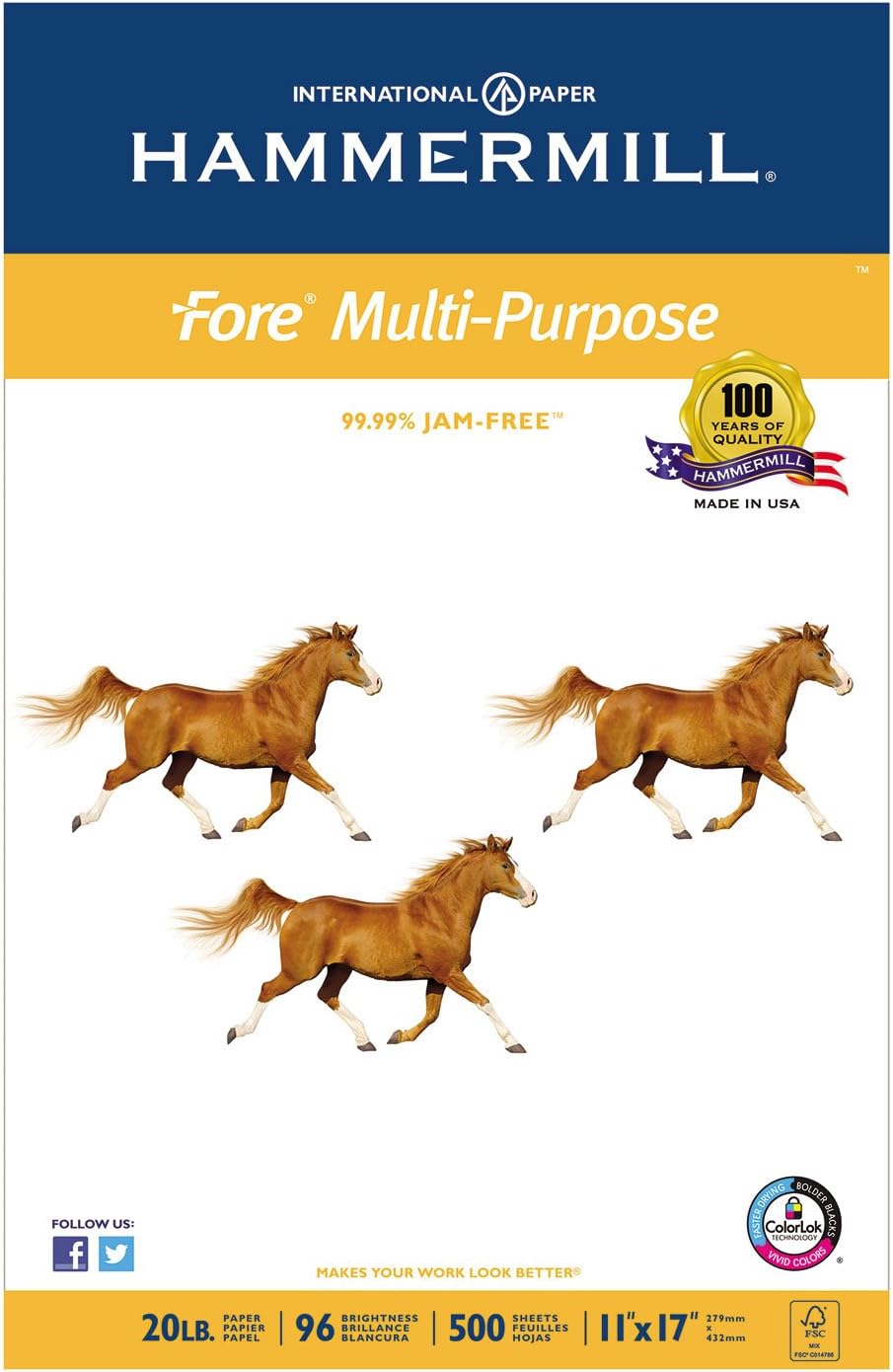 Hammermill 103192 Fore MP Multipurpose Paper, 96 Brightness, 20lb, 11 x 17, White, 500/Ream (HAM103192)