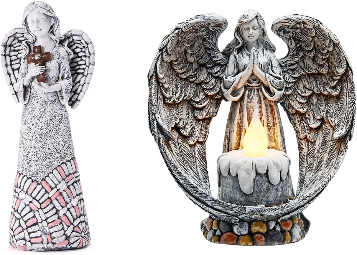 Garden Angel Statue 2 pcs Combinations Cemetery Decoration-Outdoor Angel Solar Light Decor Cemetery Decorations for Grave