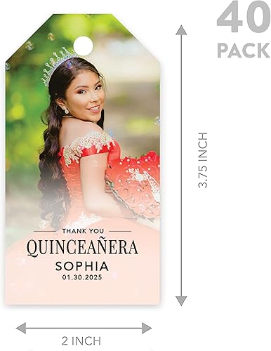 Miniatura 5 de Andaz Press Paquete de 40 etiquetas de recuerdo de quinceañera personalizadas con cuerda, etiquetas clásicas de regalo de agradecimiento con foto