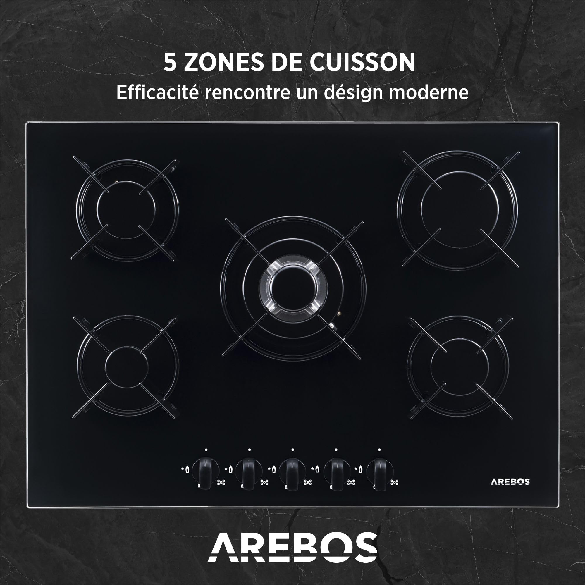 Arebos Plaque de cuisson à gaz 70 cm 5 brûleurs | Verre trempé | Encastrable avec supports en fonte | Compatible gaz naturel et propane | Sécurité d’allumage intégrée