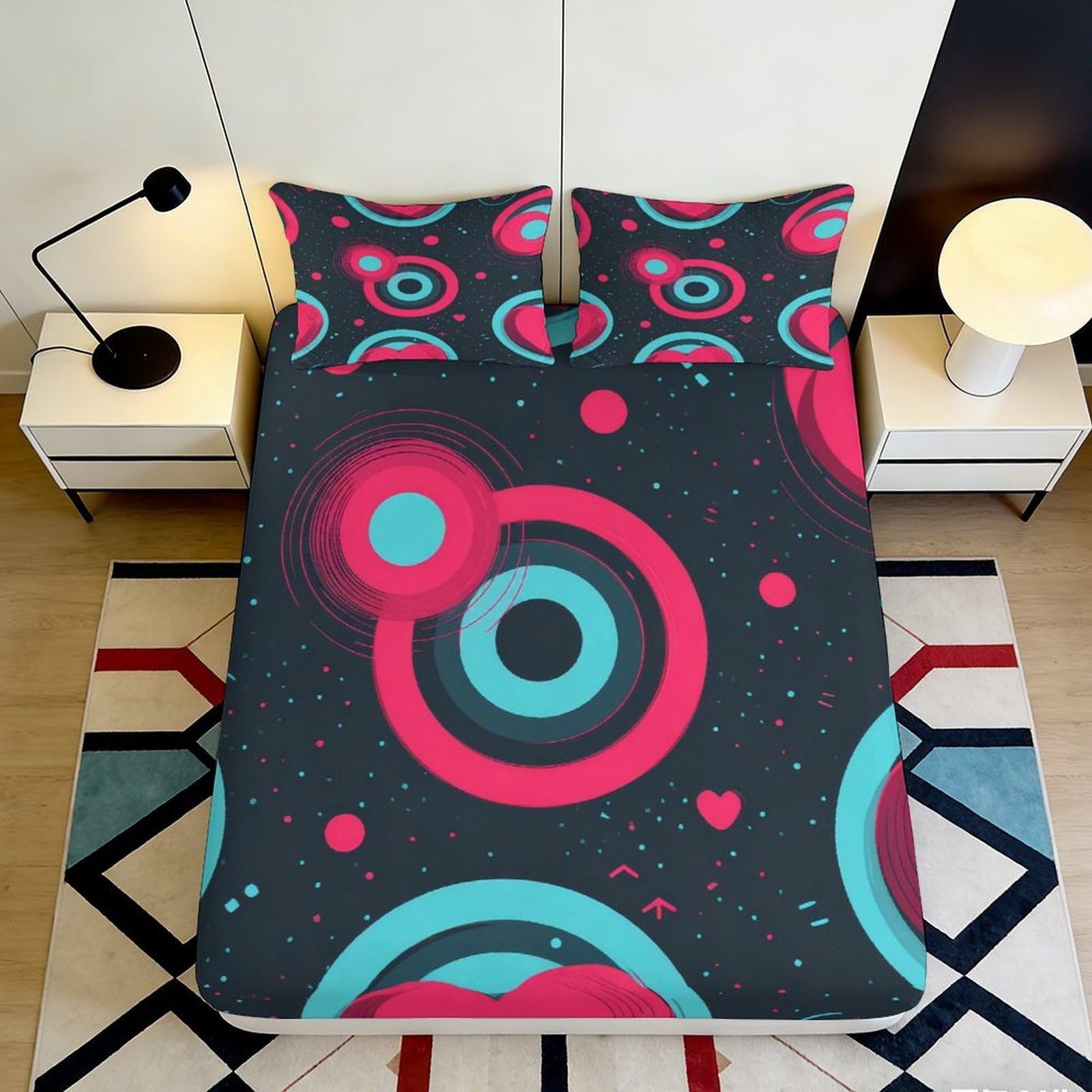 3D Printed Retro Geometric Fitted Sheet Microfiber Soft Breathable Abstract Circles Mattress Cover for Bedroom Dorm 90x200x25cm
