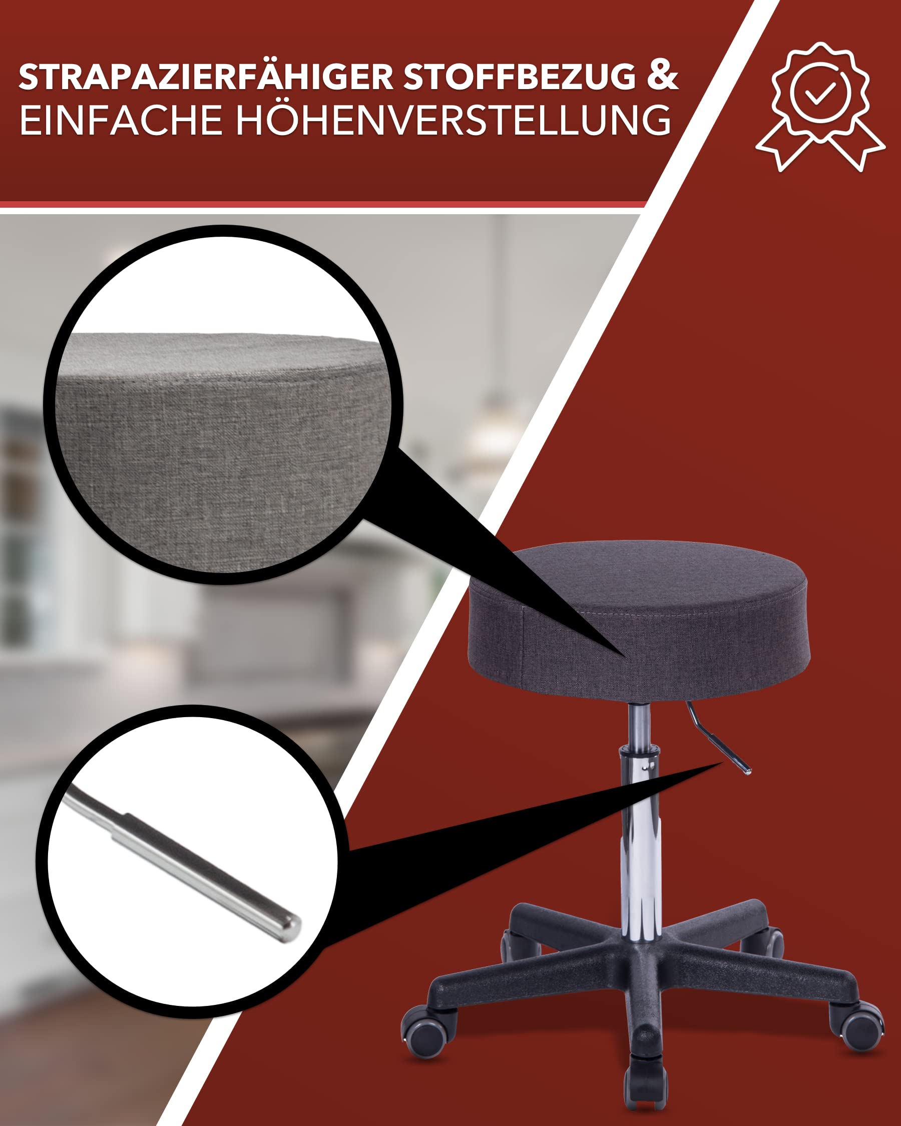 XL Profi Rollhocker, 40cm Sitzbreite, Sitzhöhe bis 70cm, Stoff Grau | 1stuff-Qualität vom Fachhändler, Bürohocker höhenverstellbar, Drehhocker 360°, hohe Belastung, Arzthocker, Stoffbezug