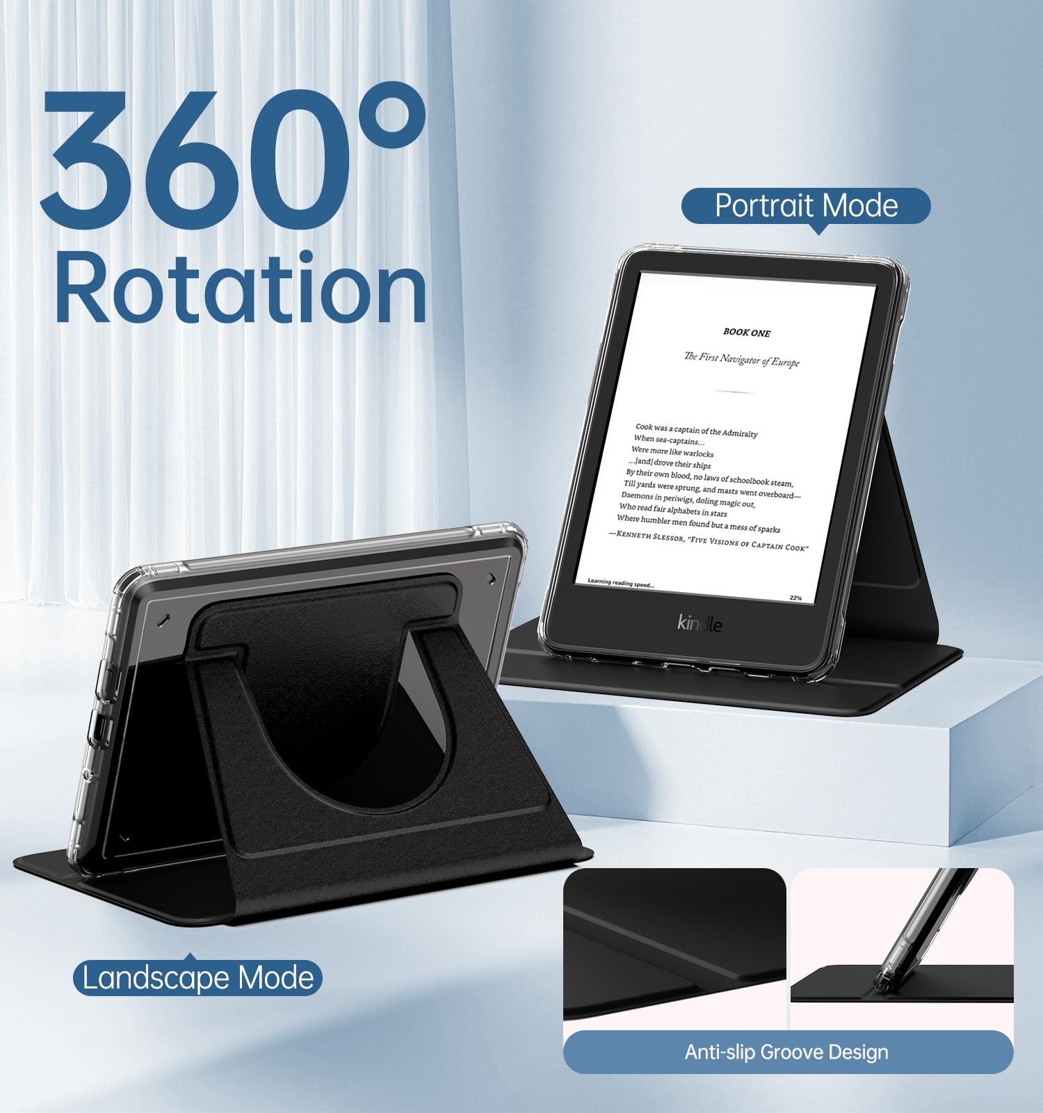 MoKo Custodia Girevole a 360° per Kindle da 6" (11a Generazione-2024/2022), Retro Trasparente Cover Protettiva Magnetica Staccabile con Supporto Auto Sueño/Estela, Nero - 4