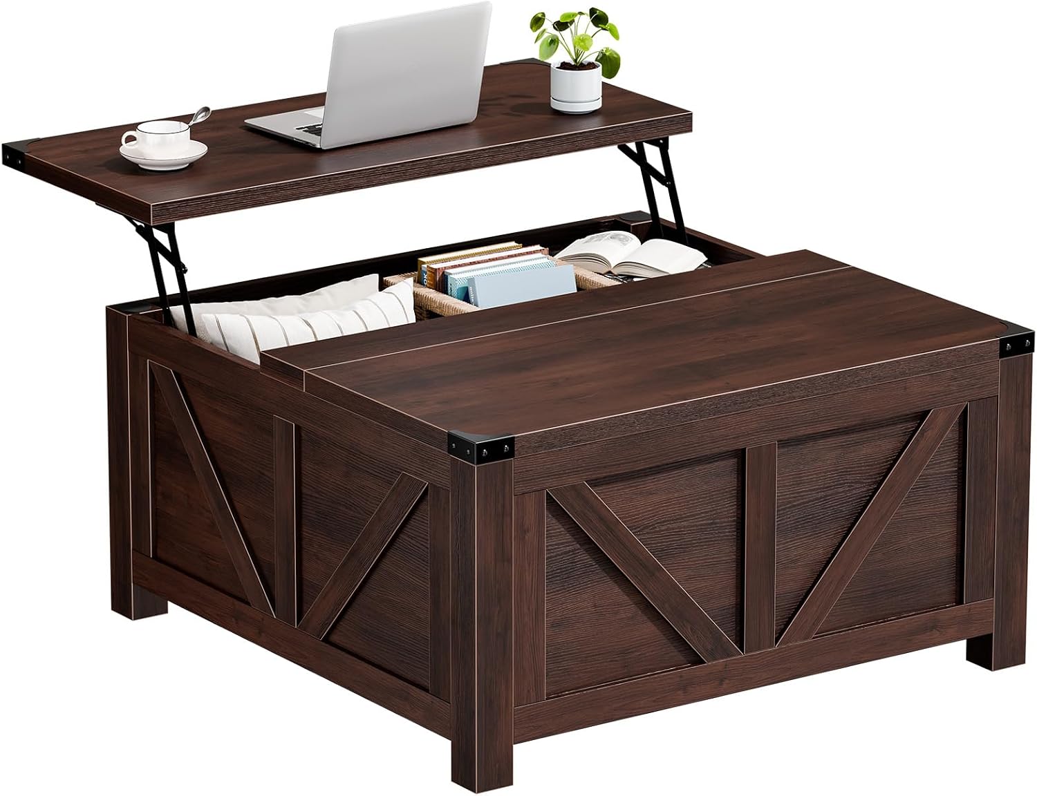DUMOS Farmhouse Lift Top Coffee Table with Charging Station and Storage -... photo 1