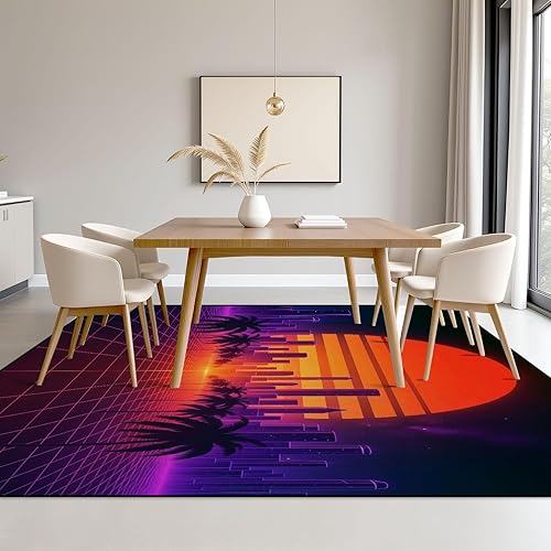 Miniatura 5 de Alfombra retro de onda synthwave vaporwave horizonte paisaje paisaje noche sol 3D lavable 5x8 pies grandes alfombras para dormitorio, cocina, sala