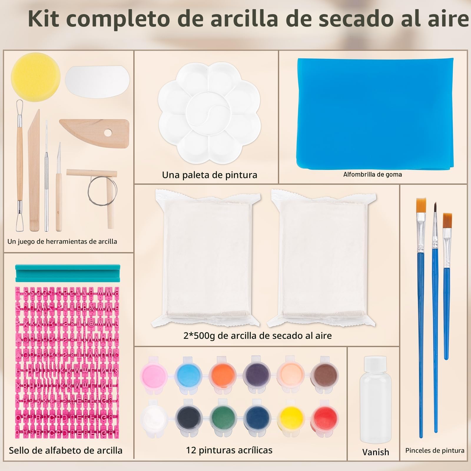 JelyArt Kit Arcilla Secado al Aire Ceramica Secado al Aire Kit Ceramica Principiante incluye: Cerámica Secado al Aire para Adultos, Herramientas, Pinturas, Pinceles, Guía Práctica