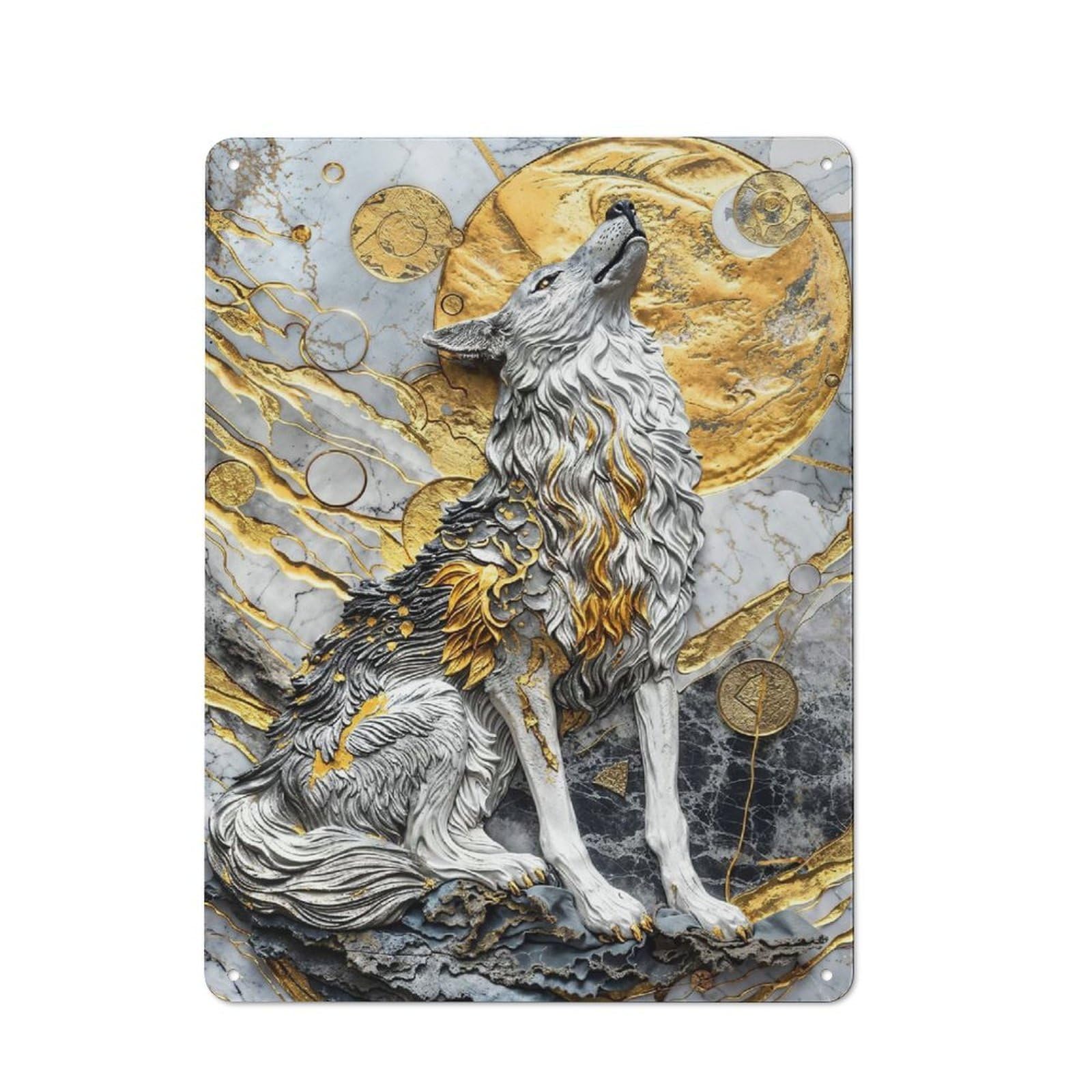 Golden Moonlight Wolf Industrial Metal Wall Decor 40x30cm, Retro Metal Sign for Workshop, Basement, Shed Or Games Room