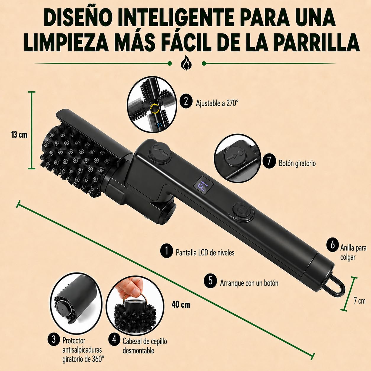 Cepillo Eléctrico para Barbacoa Inalámbrico 270° Ajustable 120 Min | Limpiador de Parrilla Recargable USB-C, Cabezal Cepillo de Acero Inox y de Pulido, 3 Velocidades, para Acampadas y Barbacoas