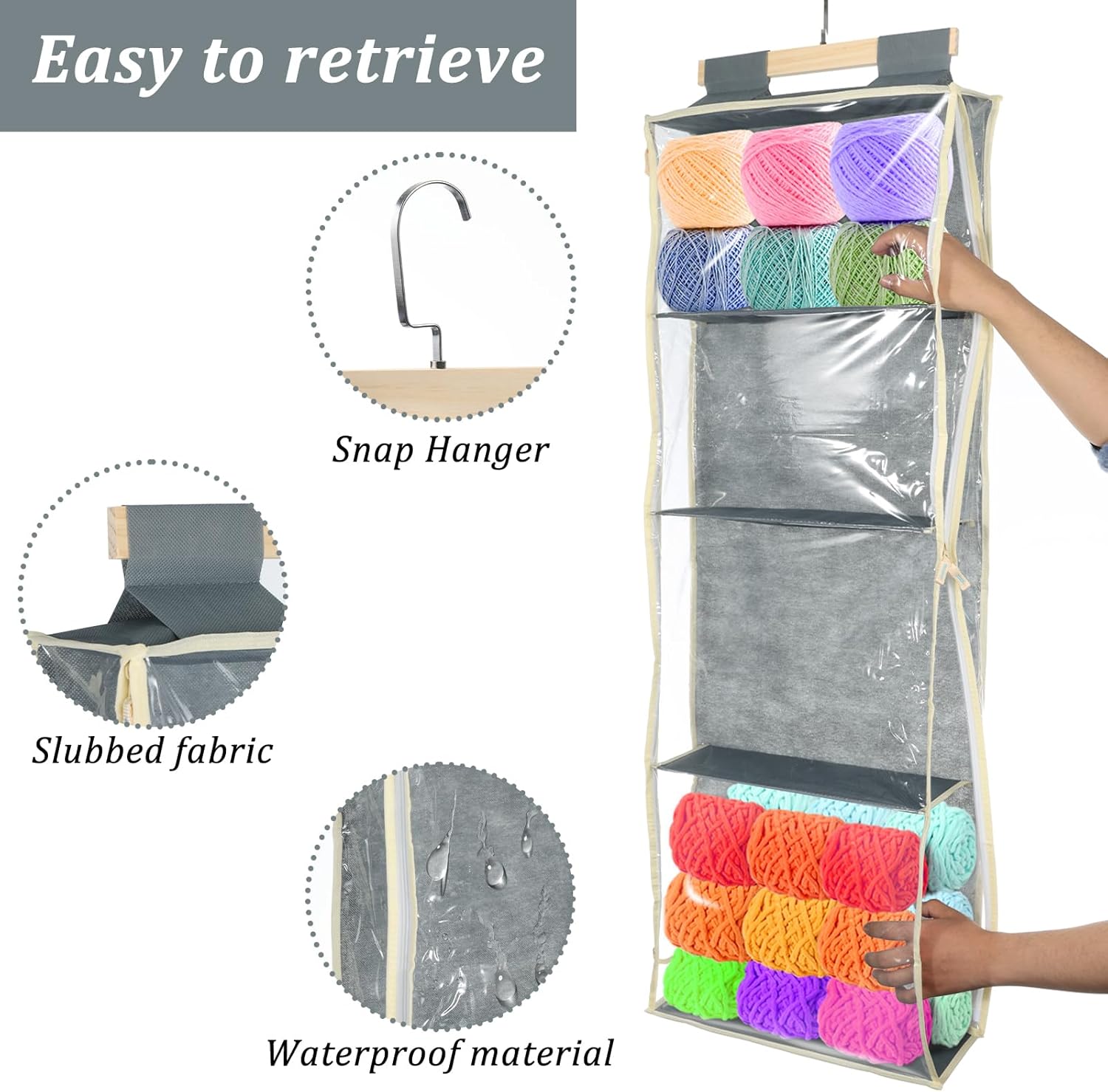 Hlimior Clear Hanging Yarn Storage with 4 Large Pockets, Clear Knitting Organizer Storage with Zippers for Crochet Lovers, Hanging Yarn Holder with Over-Door Hooks for Knitting Needles Crochet Hooks