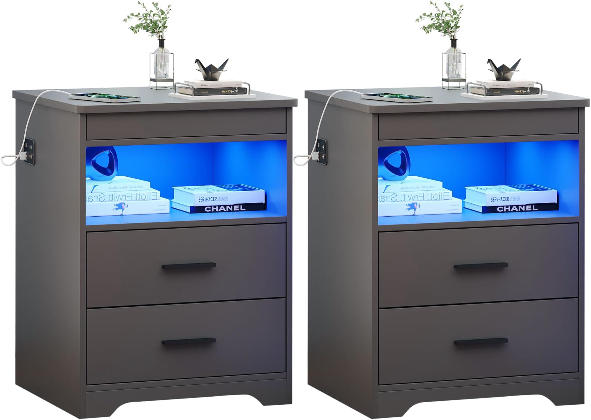 Night Stand Set of 2, Charging Bedside Table with USB & Type-C Port, LED Night Stand with Human Sensor Light, Modern End Table with Gun Drawers for Bedroom Office, Grey