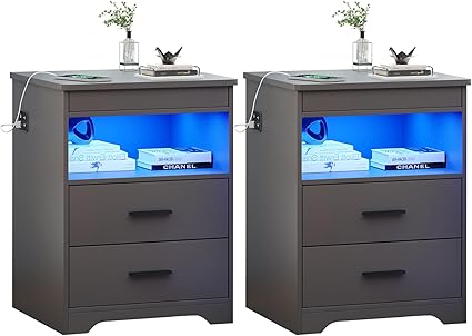 Night Stand Set of 2, Charging Bedside Table with USB & Type-C Port, LED Night Stand with Human Sensor Light, Modern End Table with Gun Drawers for Bedroom Office, Grey