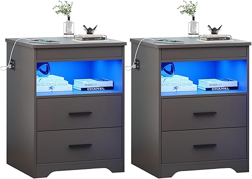 Night Stand Set of 2, Charging Bedside Table with USB & Type-C Port, LED Night Stand with Human Sensor Light, Modern End Table with Gun Drawers for Bedroom Office, Grey