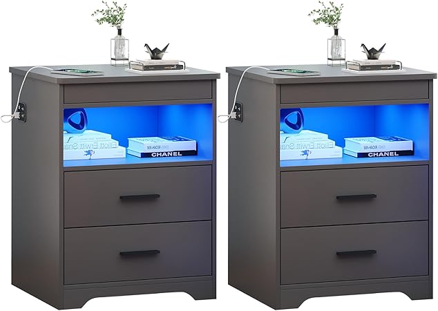 Night Stand Set of 2, Charging Bedside Table with USB & Type-C Port, LED Night Stand with Human Sensor Light, Modern End Table with Gun Drawers for Bedroom Office, Grey