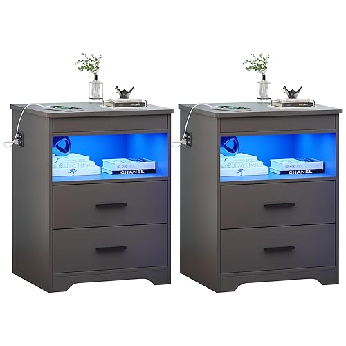 Night Stand Set of 2, Charging Bedside Table with USB & Type-C Port, LED Night Stand with Human Sensor Light, Modern End Table with Gun Drawers for Bedroom Office, Grey - Grey of 2