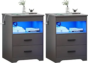 Night Stand Set of 2, Charging Bedside Table with USB & Type-C Port, LED Night Stand with Human Sensor Light, Modern End Table with Gun Drawers for Bedroom Office, Grey