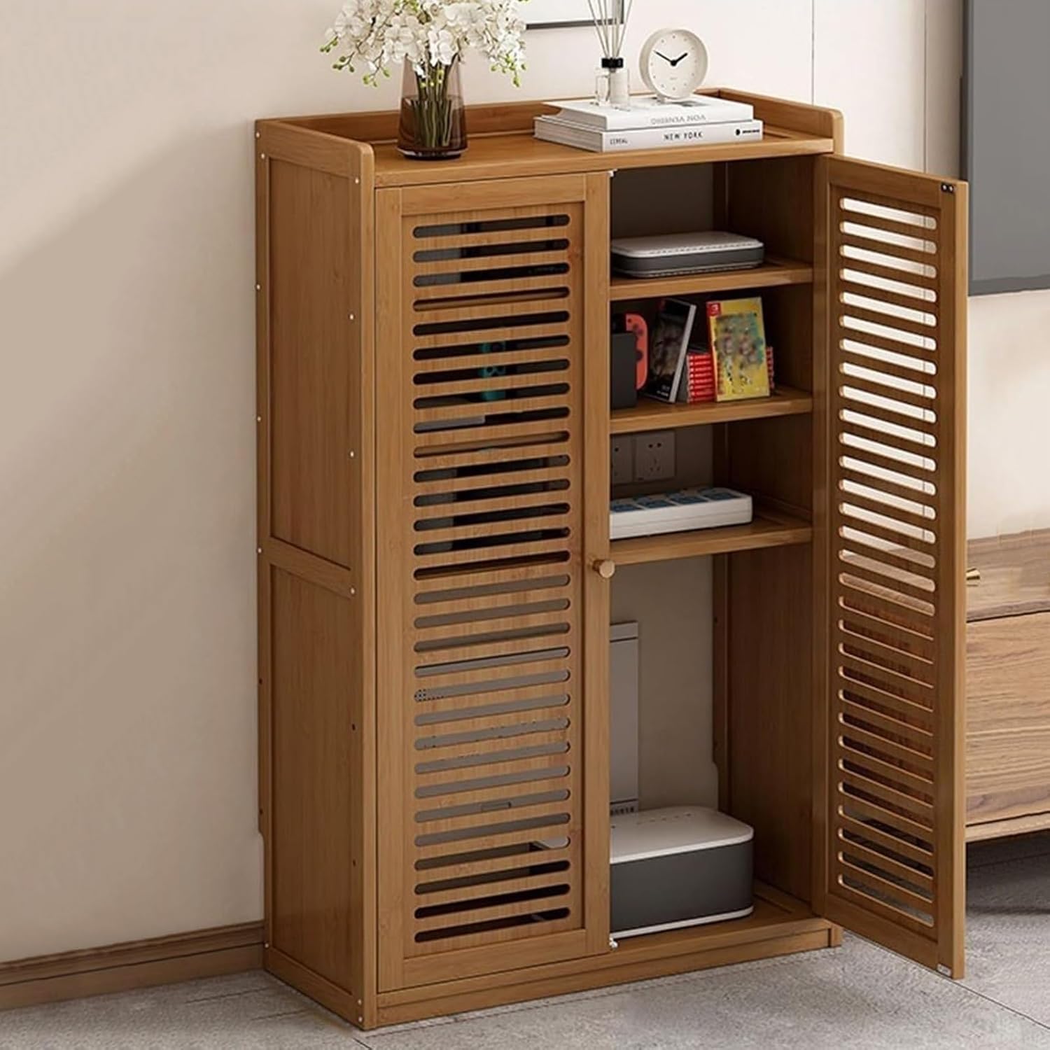 Adjustable Wooden WiFi Router Storage Cabinet with Ventilation, Shelves for Home & Office, Stylish Cord Management, Modern Design for Optimal Performance