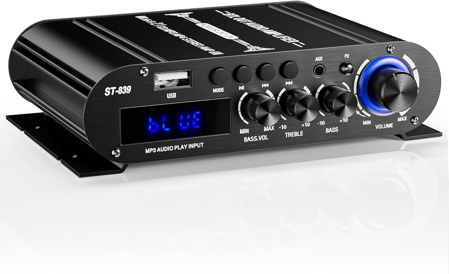 Facmogu ST-839 2.1CH Mini amplificador estéreo Bluetooth, RMS 25Wx2+40W amplificador de potencia de salida de subwoofer, entrada USBAUXRCA Receptor