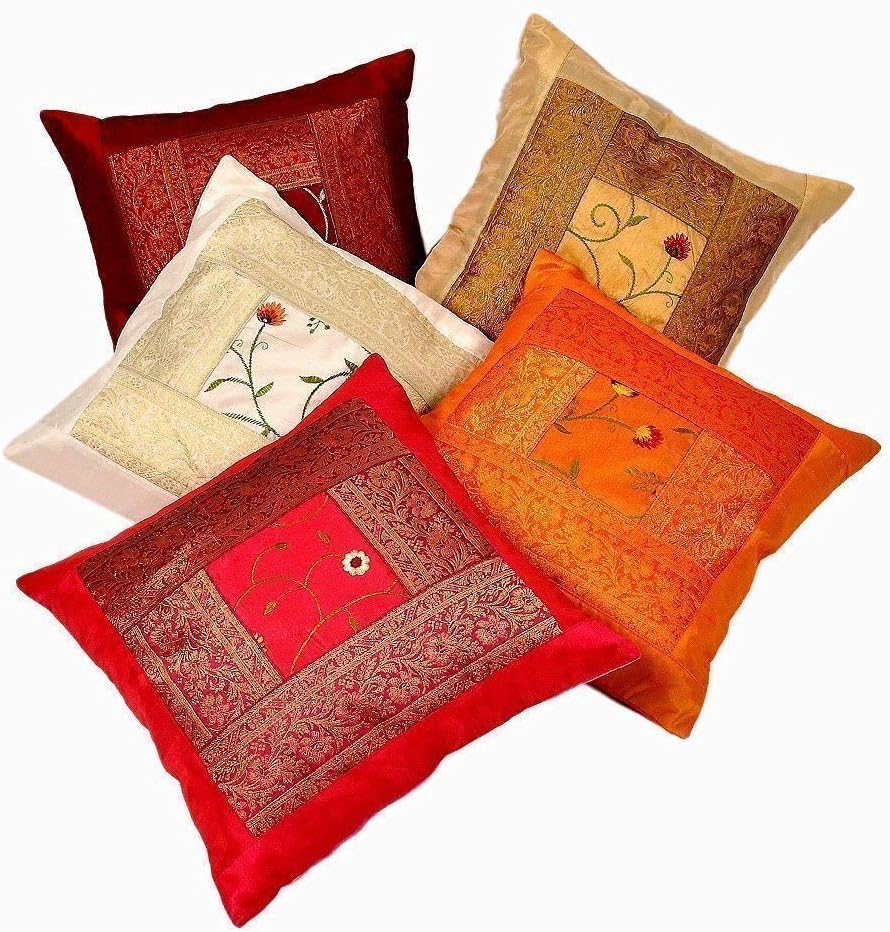 Indian Ethnic Hand Embroidery Decorative Silk Pillow Cushion Cover Set of 5 Pcs Size 16 X 16 Inches