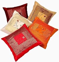 Rajasthali Indian Ethnic Hand Embroidery Decorative Silk Pillow Cushion Cover Set of 5 Pcs Size 16 X 16 Inches by Marubhumi