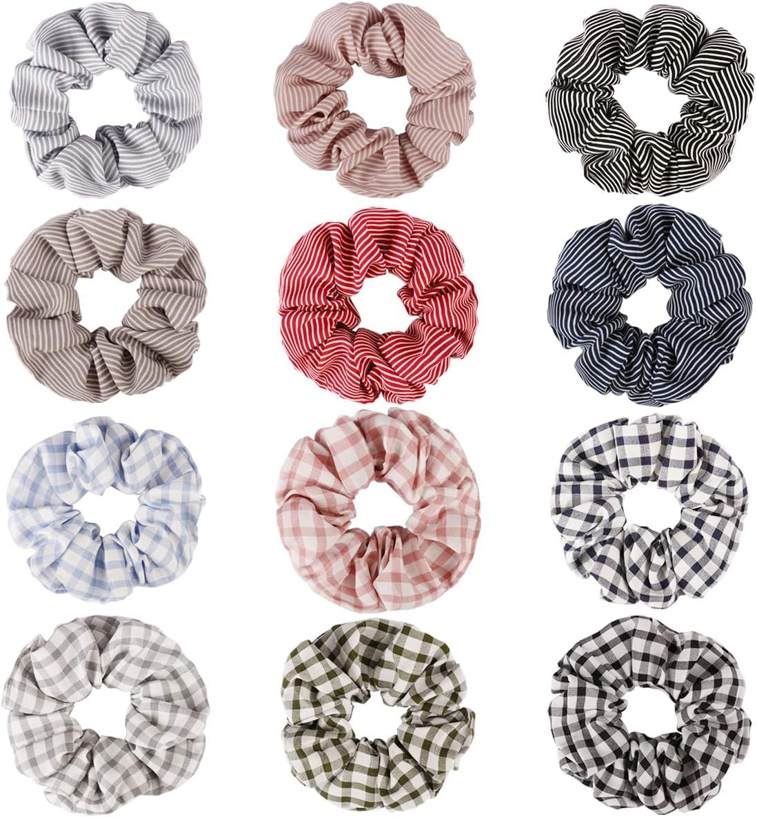 Ondder 12 Pack Large Striped Hair Scrunchies Soft Cotton Polyester Scrunchy Hair Bow Cotton Scrunchies Hair Ties Ponytail Holder Hair Bands for Women, 12 Colors