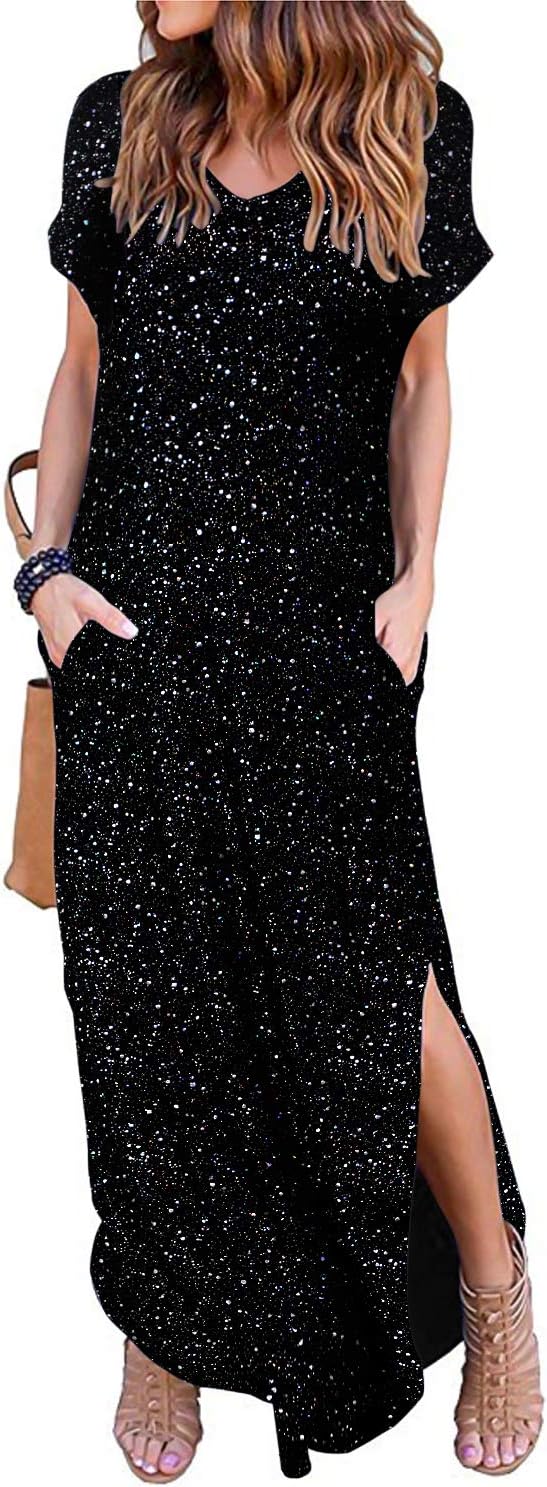 HUSKARYWomen's Summer Maxi Dress Casual Loose Pockets Long Dress Short Sleeve Split Maxi Dresses