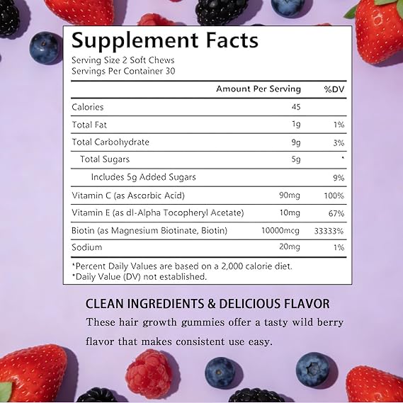 Hair Growth Gummies,Hair Growth Biotin Soft Chews Vitamins with Biotin,Mixed Berry Flavor,to Promote Thicker,Fuller,Stronger Hair For Men and Women,60 Count