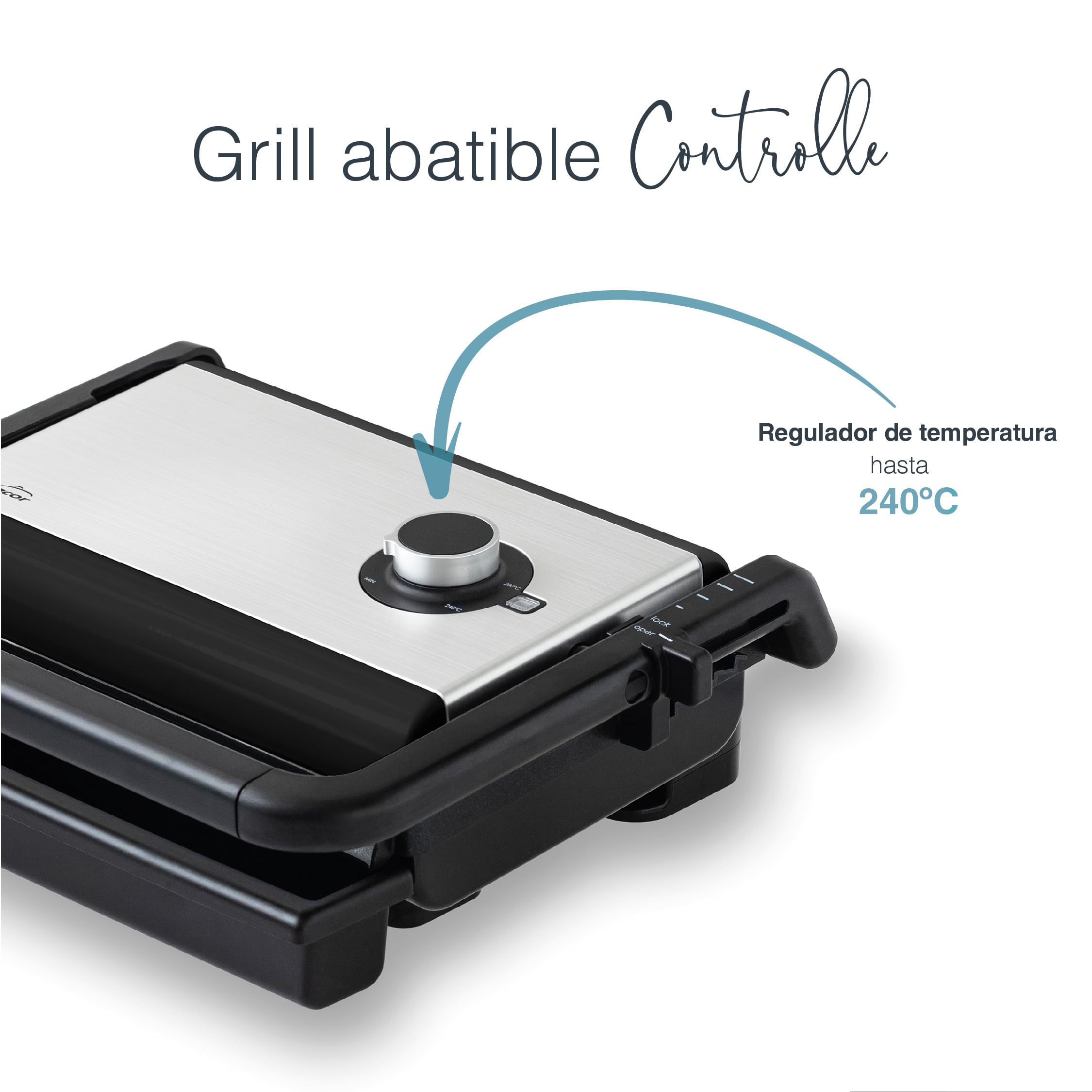 Lacor - 69573 - Grill Abatible Controlle, Parrilla Eléctrica, 4 Posiciones Altura, Regulador de Temperatura, Bandeja de Goteo Extraíble, Placas Aluminio Fundido, Ecológicas, 1500 W, 33.5x28x12.5 cm
