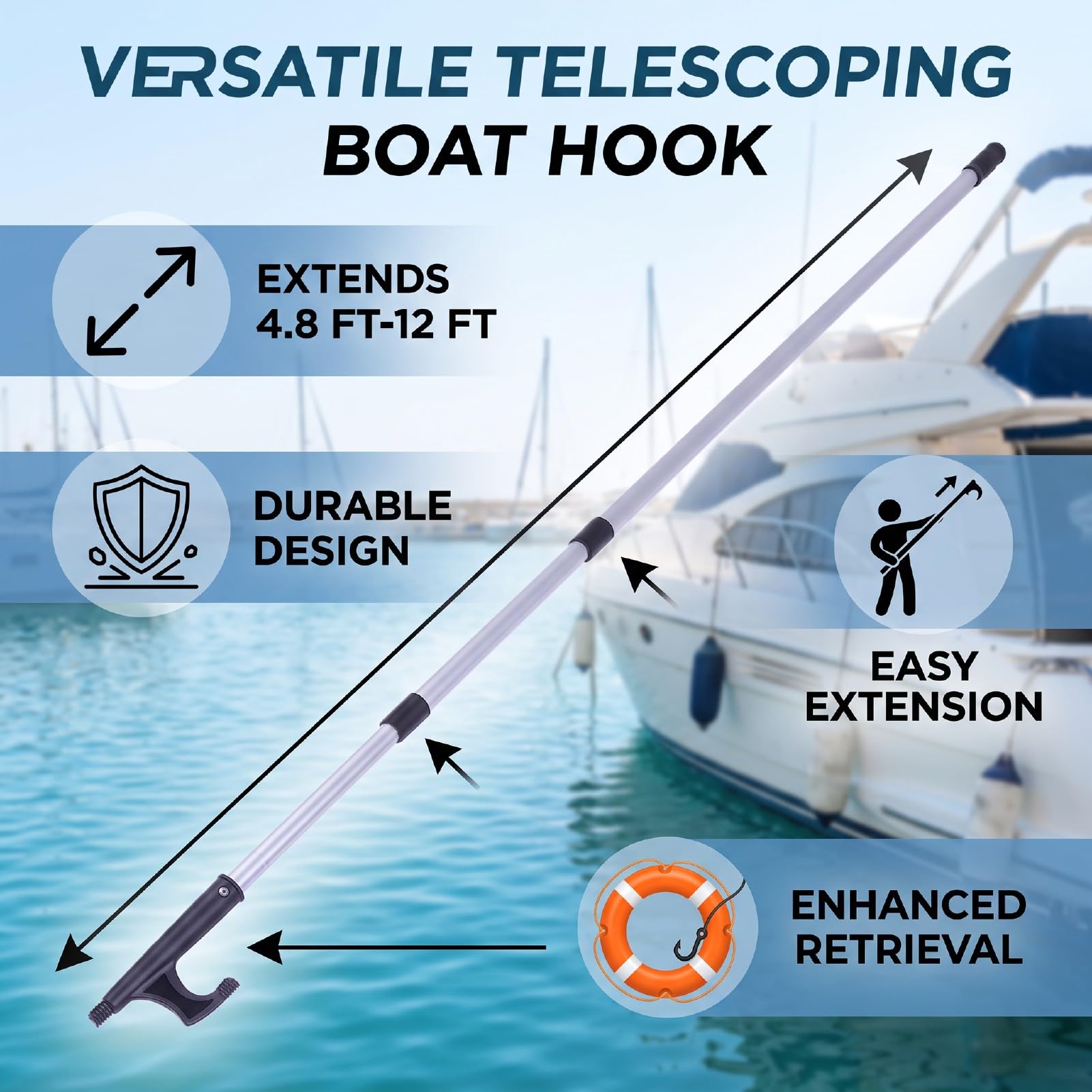 Mezzo Marinaio Telescopico 4,8 a 12 Piedi per L'attracco | 3 Sezioni Palo Marino Retrattile con Gancio per Bacino in Alluminio Leggero per Attracco di Barche Accessori per Kayak Pesca