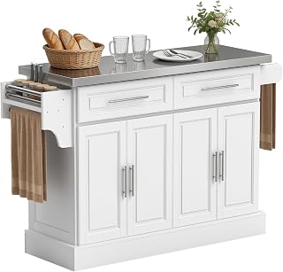 HOMCOM Rolling Kitchen Island Cart: 47" Stainless Steel Top, Adjustable Shelves, Drawers, Racks on Wheels - White