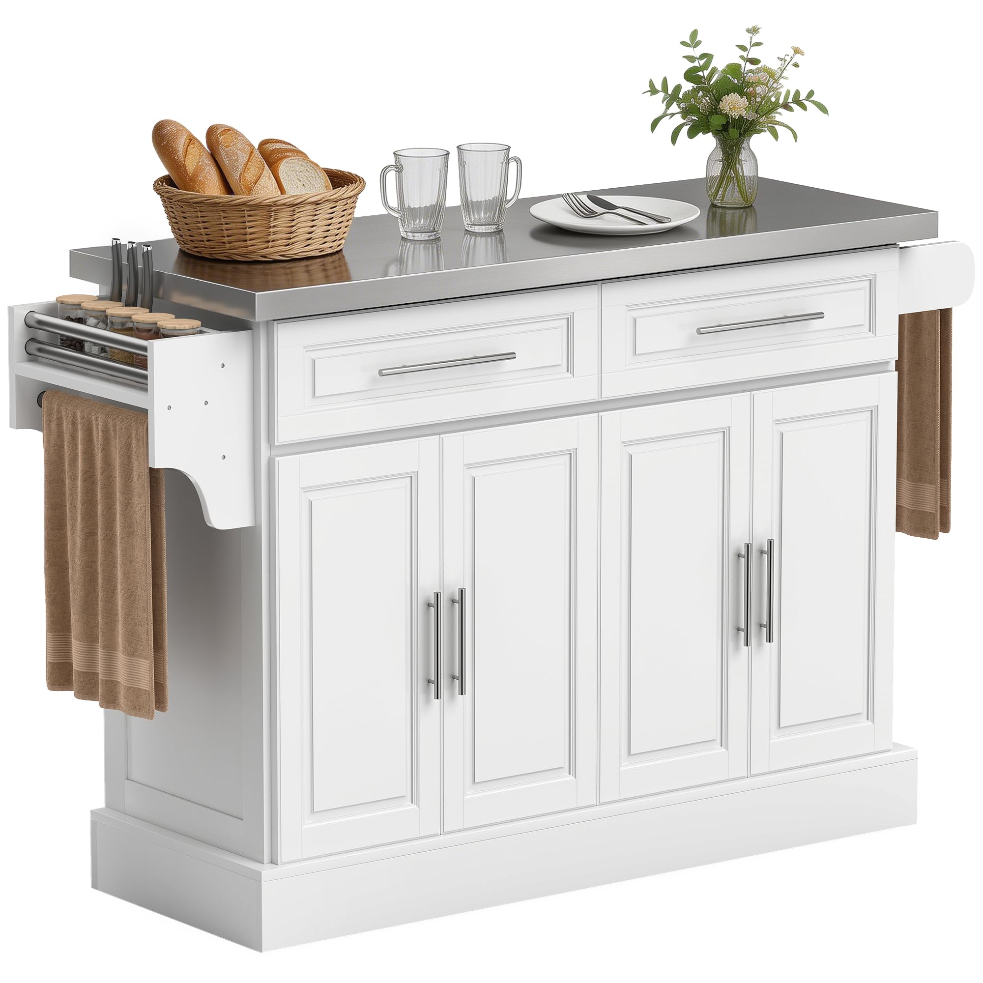 Photo 1 of HOMCOM Rolling Kitchen Island Cart with 47" Stainless Steel Top, Portable Island Table for Kitchen with Wheels, Adjustable Shelves, 2 Drawers, Spice, Knife and Towel Rack, White