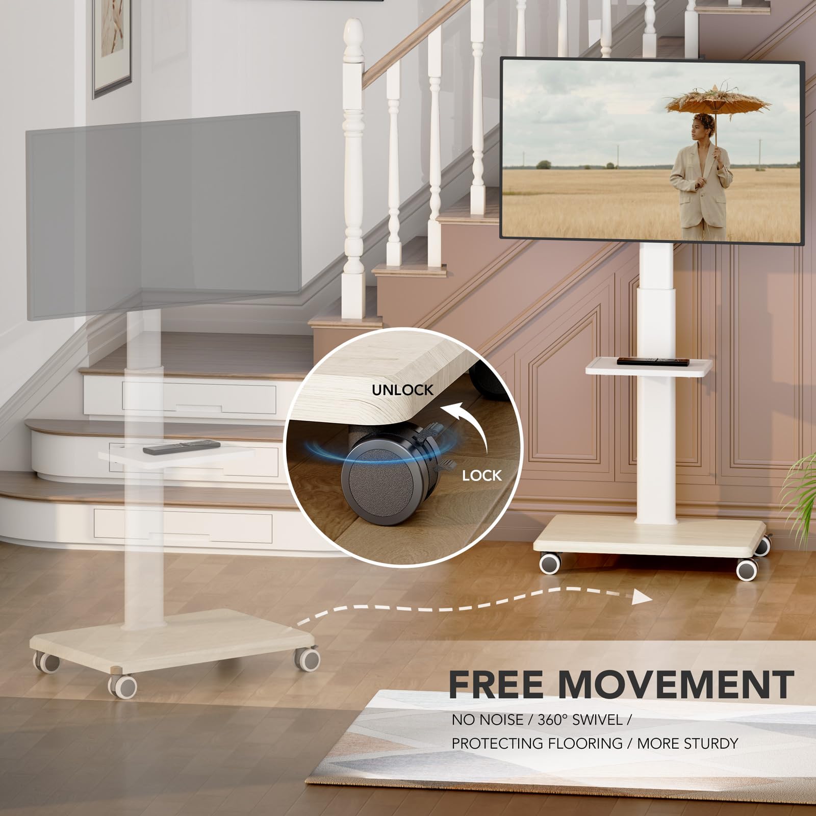 AX WABER Supporto TV da Pavimento Mobile con Ruote, per TV 27-65 Pollici, VESA 400x400, Carico 40kg, Design Bianco e Legno Chiaro
