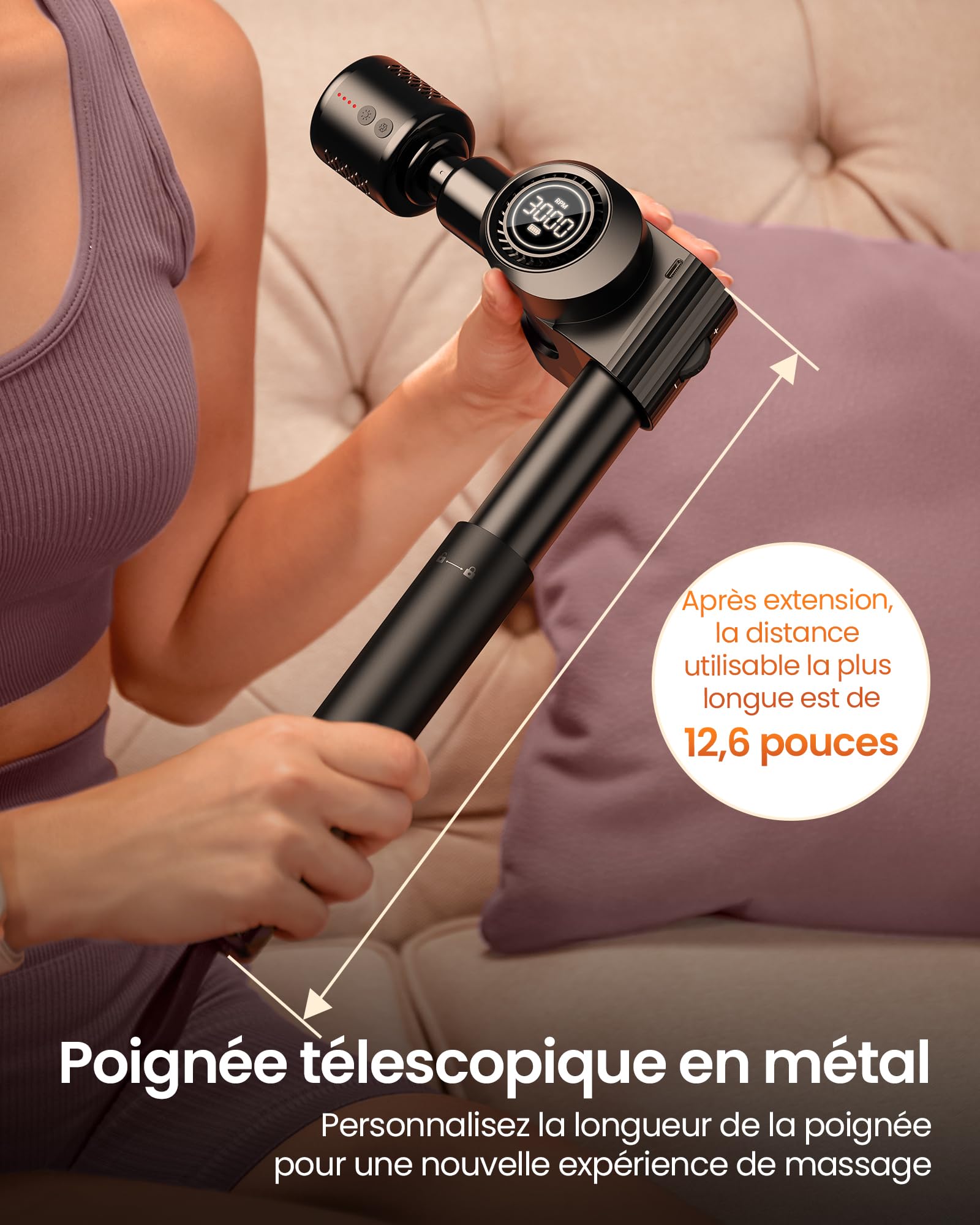 Pistolet de Massage Musculaire,Napre Pistolet de Massage avec Tête Chaude et Froide,Appareil de Massage Masseur de Muscle Profonds,32 Vitesses Dos Massage Gun,Pliable et 5 Angles,Poignée Extensible