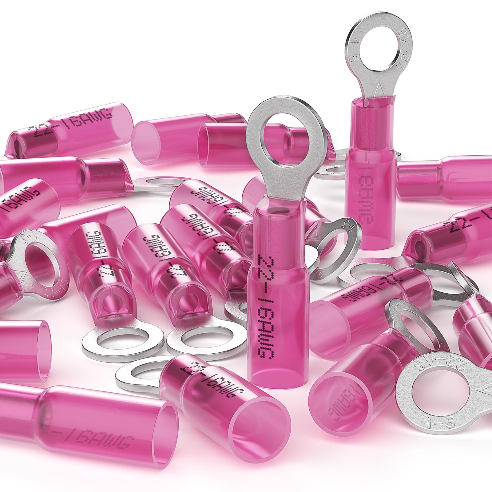 AIRIC 22-16 AWG - #10 Heat Shrink Ring Terminals, Copper Terminal Connector Ends, Battery Cable End Lugs, Red Insulated Electrical Crimp Wiring Connectors, Wire Lug for 22 20 18 16 Gauge Wires 100 PCS