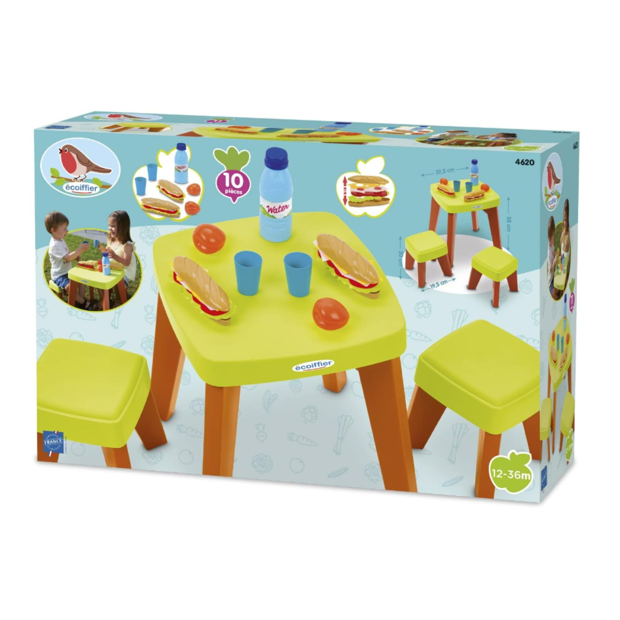 Jouets Ecoiffier - 4620 - Table Pic Nic + 2 Tabourets avec Accessoires - Jeu de Plein Air Pour Enfants - 12-36 Mois - Fabriqué en France